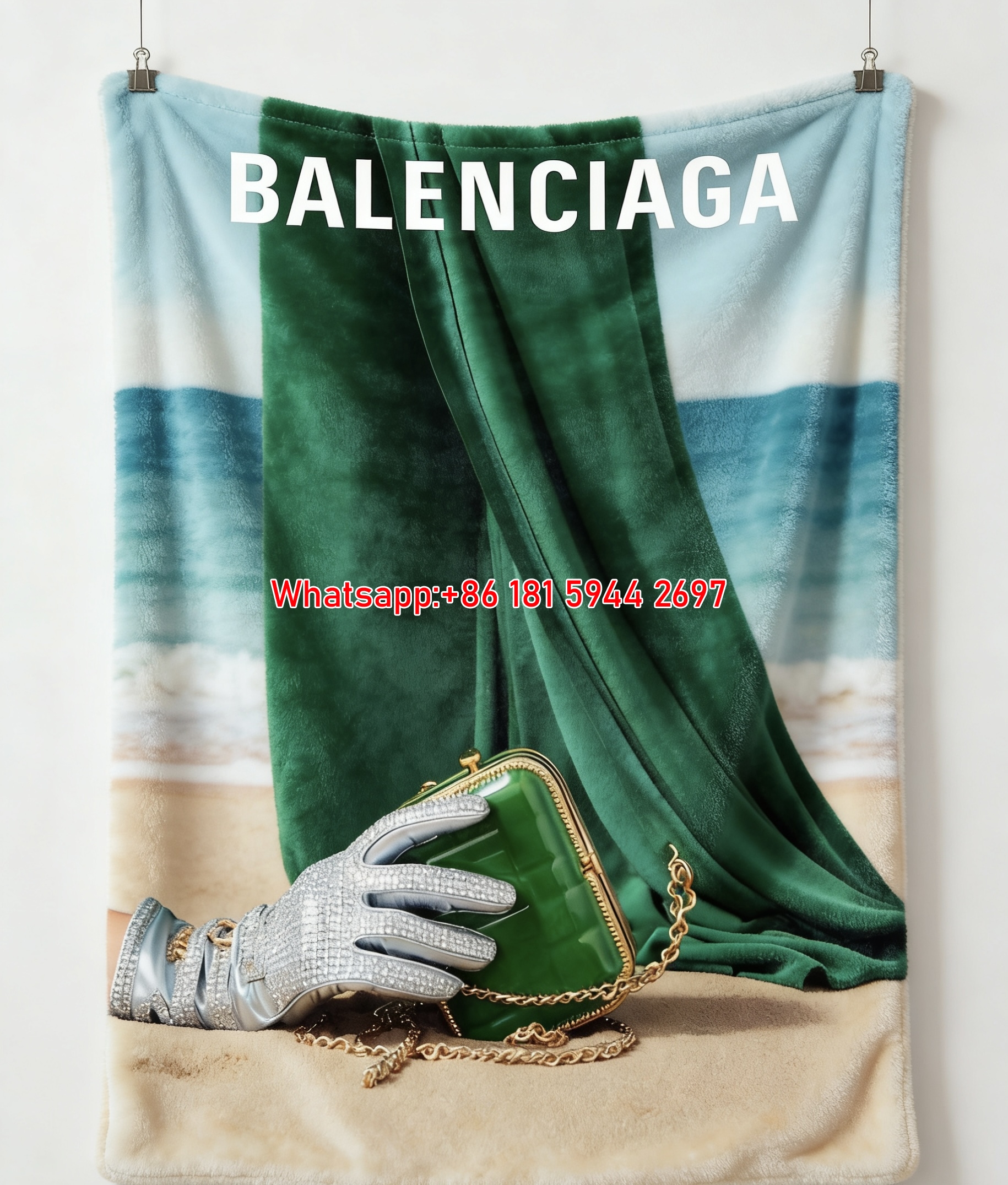 Balenciaga Green Beach Bag Print Flannel Sofa Throw Blanket BA187